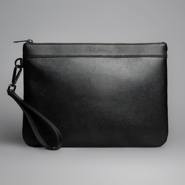 Tasche für Männer aus schwarzem Leder mit praktischer Handschlaufe, hochwertige Pouch handgenäht.