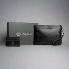 Exklusives Set aus Leder Portmonee und schwarzer Pouch, handgenähte Leder Tasche für Herren kombiniert mit passendem Slim Wallet.