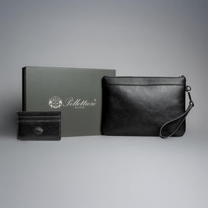Exklusives Set aus Leder Portmonee und schwarzer Pouch, handgenähte Leder Tasche für Herren kombiniert mit passendem Slim Wallet.